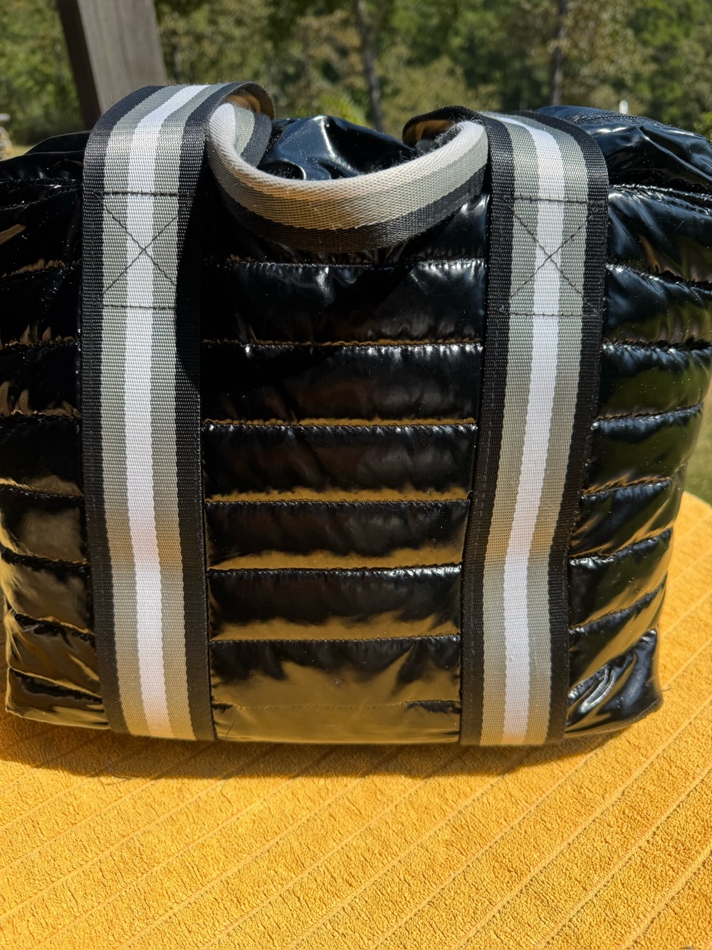 THINK ROYLN Womens Black Wingman Puffer Tote Travel Bag  Quilted Patent Leather